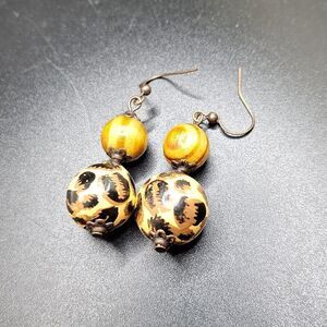 Wooden Beaded animal print drop Earrings boho jewelry